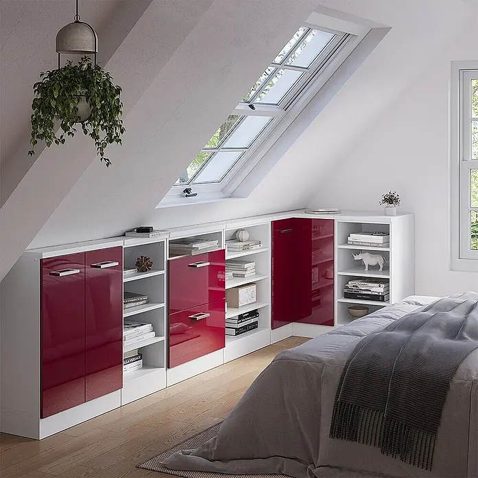 Vicco Küchenleerblock R-Line Rot Hochglanz mit 1 Tür - Breite: 75,6 cm, Rot Hochglanz - Maßgeschneidertes Dachschrägen-Schranksystem mit weißen Regalen und glänzenden roten Türen für ein Schlafzimmer.