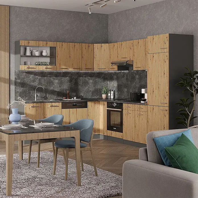 Vicco Eckküche R-Line Artisan Eiche/Anthrazit, AP Eiche - B x T: 287 x 60 cm, Artisan-Eiche, Ohne Elektrogeräte - Moderne Einbauküche mit hellen Holzlamellenfronten, dunklen Arbeitsplatten und integrierten Geräten.