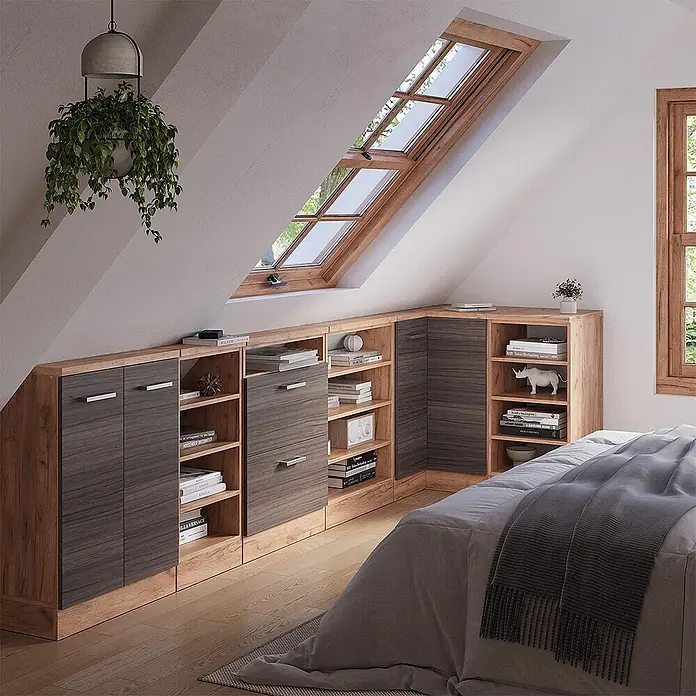 Vicco Schrankküche R-Line Edelgrau mit 1 Tür - Edelgrau, Eck-Dachschrägenschrank 76 cm - Dachschrägen-Schranksystem aus hellem und dunklem Holz, maßgefertigt für ein Schlafzimmer.
