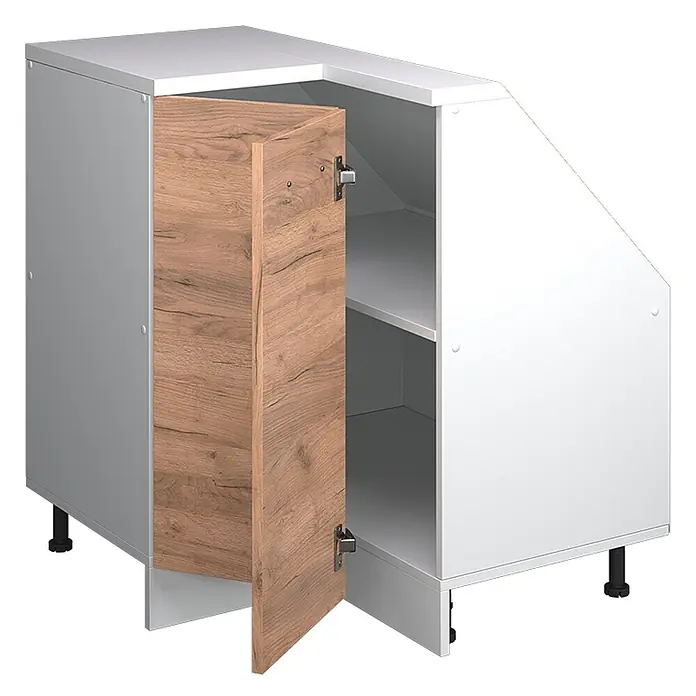 Vicco Eck-Küchenschrank für Dachschrägen R-Line, Goldkraft Eiche, 75.6 cm -  - Weißer Eckunterschrank mit offener Tür in Holzoptik, der Regale zeigt.