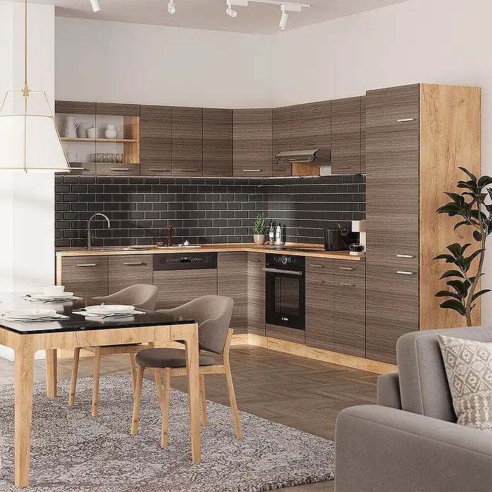 Vicco Eckküche R-Line Edelgrau/Goldkraft Eiche ohne Arbeitsplatte - B x T: 287 x 46 cm, Edelgrau, Ohne Elektrogeräte - Moderne Küche mit braunen Holzschränken, Arbeitsplatten aus Holz und dunklem Fliesenspiegel, integriert in einen Essbereich.