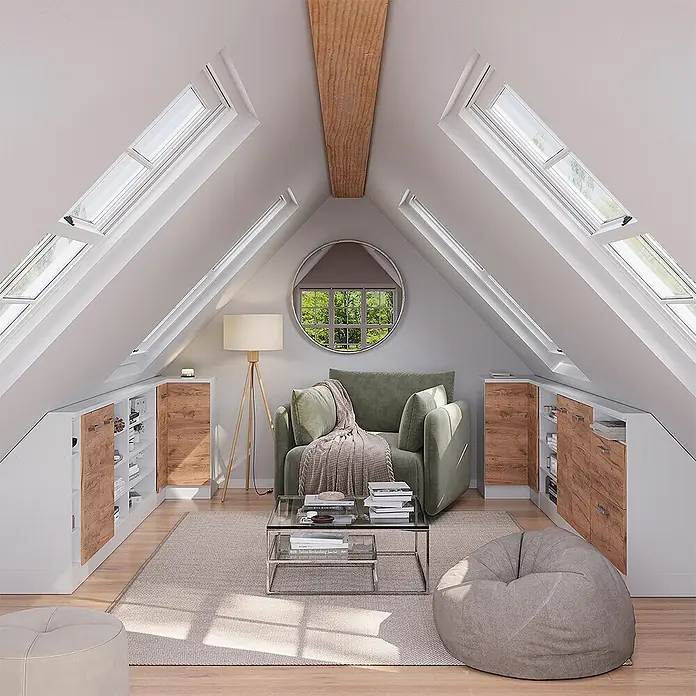 Vicco Eck-Küchenschrank für Dachschrägen R-Line, Goldkraft Eiche, 75.6 cm -  - Weiße und helles Holz Dachschrägenschränke in einem Dachzimmer, die organisierten Stauraum bieten.
