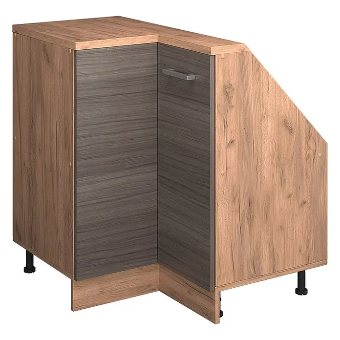 Vicco Schrankküche R-Line Edelgrau mit 1 Tür - Edelgrau, Eck-Dachschrägenschrank 76 cm - Eckunterschrank mit hellem Holzkorpus, dunklen Holzfronten, Metallgriff und verstellbaren Füßen.