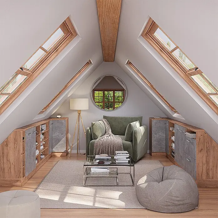 Vicco Schrankküche R-Line Beton mit 1 Tür - Beton, Eck-Dachschrägenschrank 76 cm - Dachschrägen-Stauraumschränke mit Holzoptikrahmen und Betonoptikfronten, platzsparend in Dachschräge integriert.