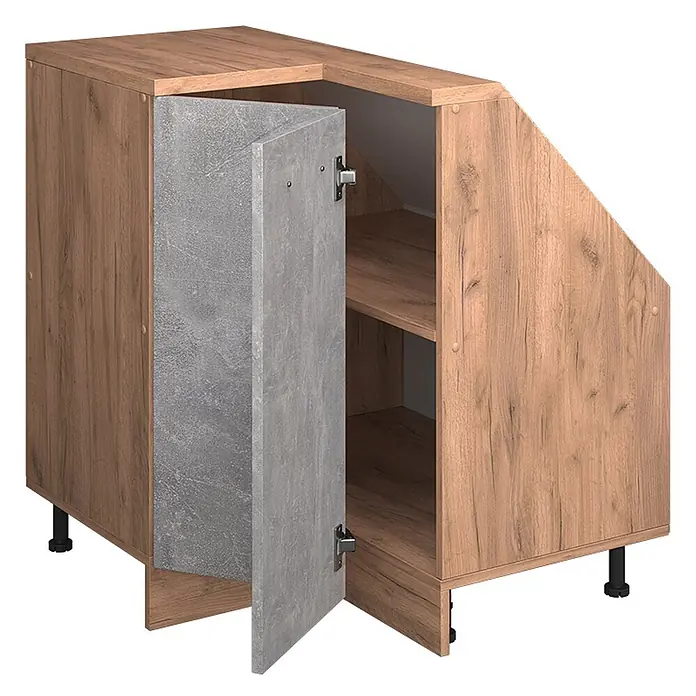 Vicco Schrankküche R-Line Beton mit 1 Tür - Beton, Eck-Dachschrägenschrank 76 cm - Eckunterschrank mit Holzoptikrahmen und grauer Betonoptiktür, mit Innenregalen.