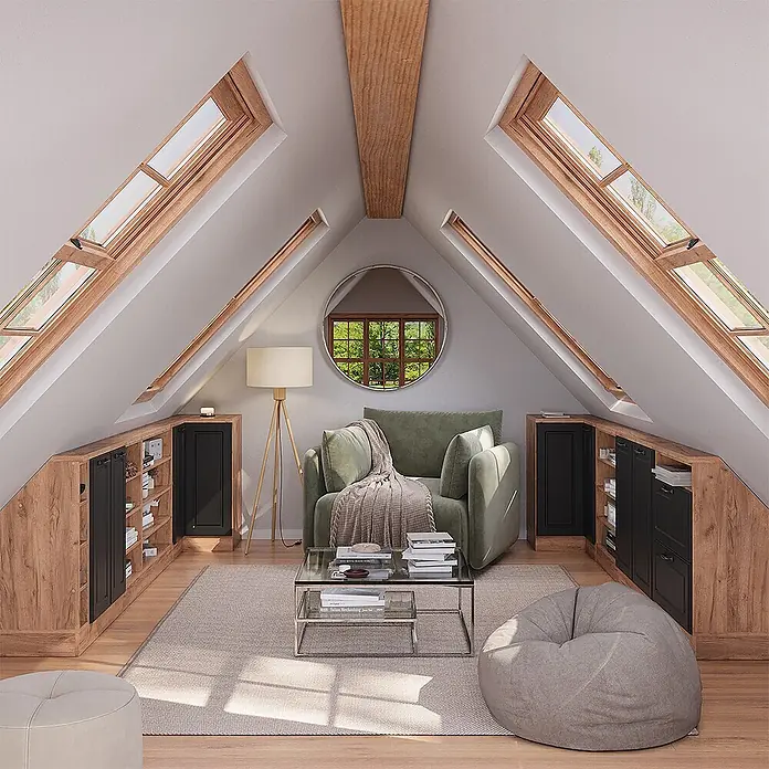 Vicco Schrankküche R-Line Anthrazit Landhaus mit 1 Tür - Anthrazit Landhaus, Eck-Dachschrägenschrank 76 cm - Gemütliche Dachgeschoss-Lounge mit grünem Sessel, Glas-Couchtisch und integrierten Holz- und schwarzen Stauraumeinheiten unter Dachfenstern.