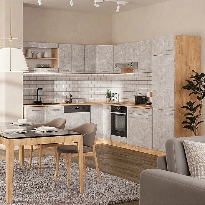 Vicco Eckküche R-Line Beton/Goldkraft Eiche, AP Anthrazit - B x T: 287 x 60 cm, Beton, Ohne Elektrogeräte - Eckküche mit hellgrauen Beton-Schrankfronten und hellen Holz-Akzenten.