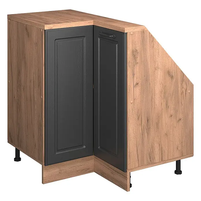 Vicco Schrankküche R-Line Anthrazit Landhaus mit 1 Tür - Anthrazit Landhaus, Eck-Dachschrägenschrank 76 cm - Eckunterschrank mit heller Holzoptik und dunkelgrauen Türen, auf schwarzen verstellbaren Füßen.