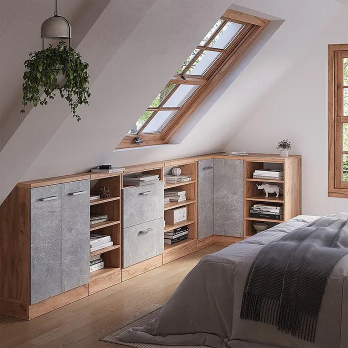 Vicco Schrankküche R-Line Beton mit 1 Tür - Beton, Eck-Dachschrägenschrank 76 cm - Individuelles Holz- und Betonoptik-Aufbewahrungssystem für Dachschrägen.