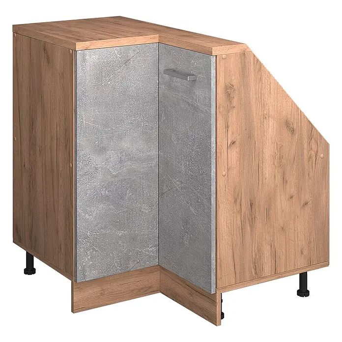 Vicco Schrankküche R-Line Beton mit 1 Tür - Beton, Eck-Dachschrägenschrank 76 cm - Eckunterschrank in Holzoptik mit grauen Beton-Effekt Türen und silbernem Griff.