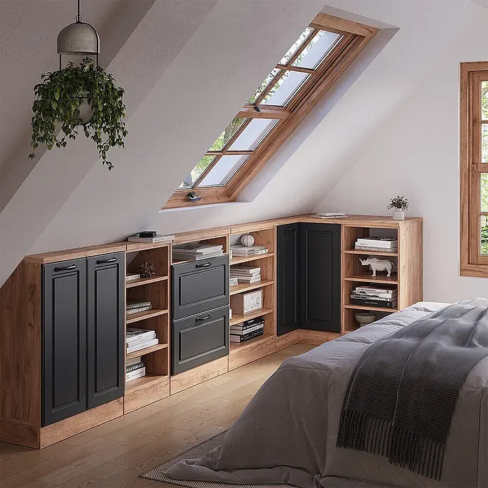 Vicco Schrankküche R-Line Anthrazit Landhaus mit 1 Tür - Anthrazit Landhaus, Eck-Dachschrägenschrank 76 cm - Maßgefertigte Dachschrägen-Aufbewahrung im Schlafzimmer mit hellen Holzregalen und schwarzen Schranktüren.