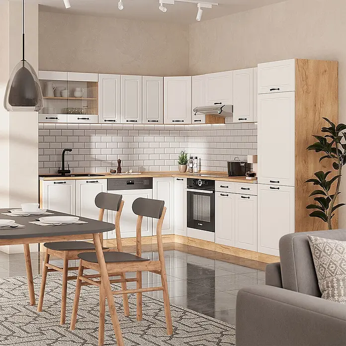 Vicco Eckküche R-Line Weiß Landhaus/Goldkraft Eiche ohne Arbeitsplatte - B x T: 287 x 46 cm, Weiß Landhaus, Ohne Elektrogeräte - L-förmige Küche mit weißen Schränken, Holz-Arbeitsplatten, schwarzen Griffen, integrierten Geräten und Essbereich.