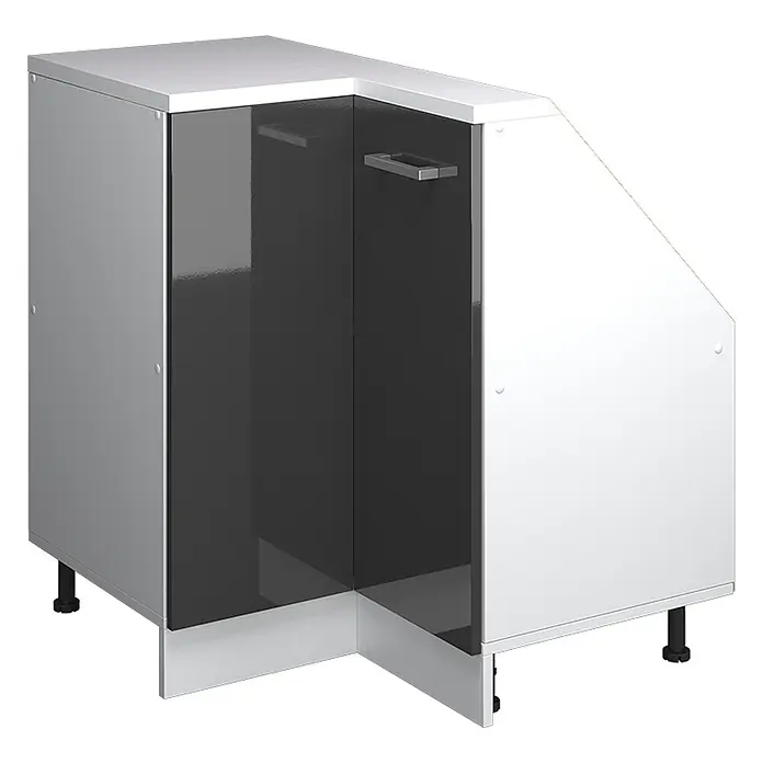 Vicco Schrankküche R-Line Anthrazit Hochglanz mit 1 Tür - Anthrazit Hochglanz, Eck-Dachschrägenschrank 76 cm - Weißer Kücheneckunterschrank mit dunkelgrauen Hochglanztüren und verstellbaren Füßen.