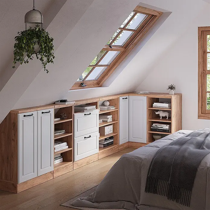 Vicco Schrankküche R-Line Weiß Landhaus mit 1 Tür - Weiß Landhaus, Eck-Dachschrägenschrank 76 cm - Maßgefertigte Holzschränke und Regale mit weißen Türen, unter Dachschräge für Stauraum im Schlafzimmer.