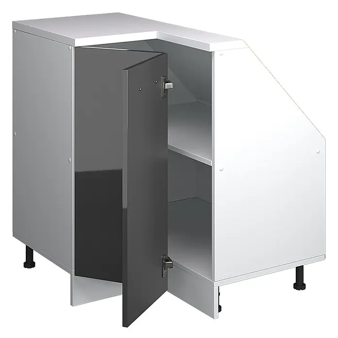 Vicco Schrankküche R-Line Anthrazit Hochglanz mit 1 Tür - Anthrazit Hochglanz, Eck-Dachschrägenschrank 76 cm - Heller Eckschrank mit geöffneter dunkelgrauer Tür, zeigt zwei Innenböden.