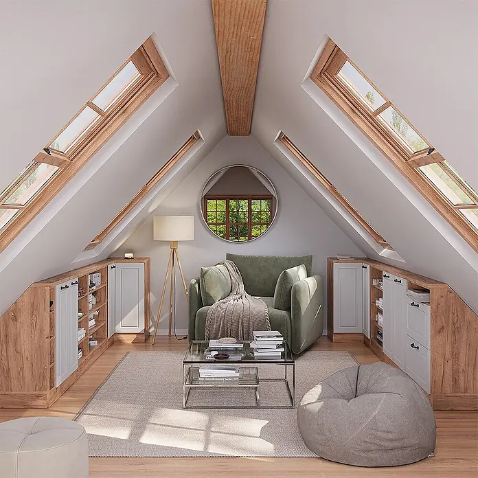 Vicco Schrankküche R-Line Weiß Landhaus mit 1 Tür - Weiß Landhaus, Eck-Dachschrägenschrank 76 cm - Maßgefertigte Dachbodenschränke mit Holzoptikrahmen und weißen Türen, perfekt passend unter die schräge Decke eines gemütlichen Wohnraums.