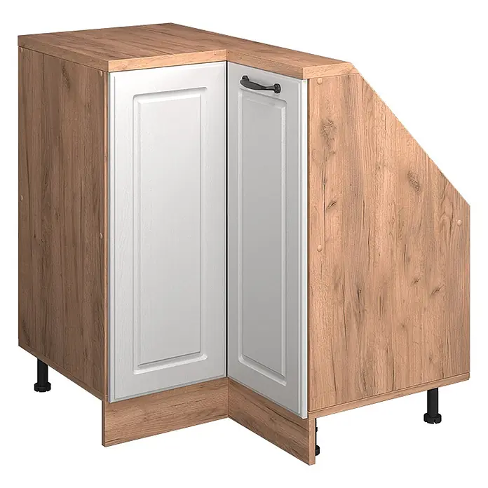 Vicco Schrankküche R-Line Weiß Landhaus mit 1 Tür - Weiß Landhaus, Eck-Dachschrägenschrank 76 cm - Kücheneckschrank mit rustikaler Holzoptik und weißen Kassettentüren, auf schwarzen verstellbaren Füßen.