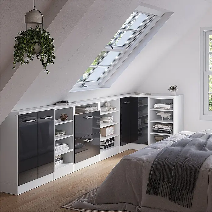 Vicco Schrankküche R-Line Anthrazit Hochglanz mit 1 Tür - Anthrazit Hochglanz, Eck-Dachschrägenschrank 76 cm - Maßgefertigter Dachschrägen-Kleiderschrank in Weiß mit dunkelgrauen Hochglanztüren und Regalen, der Stauraum maximiert.