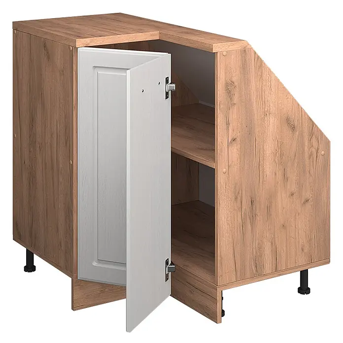 Vicco Schrankküche R-Line Weiß Landhaus mit 1 Tür - Weiß Landhaus, Eck-Dachschrägenschrank 76 cm - Abgeschrägter Unterschrank in Holzoptik mit geöffneter hellgrauer Kassettentür, zeigt Innenregale und verstellbare Füße.