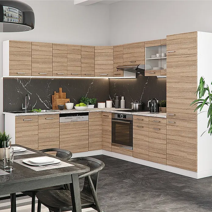 Vicco Schrankküche R-Line Sonoma mit 1 Tür - Sonoma, Eck-Dachschrägenschrank 76 cm - Eckküche mit hellbraunen Holzschränken, schwarzer Marmor-Rückwand und integrierten Geräten.