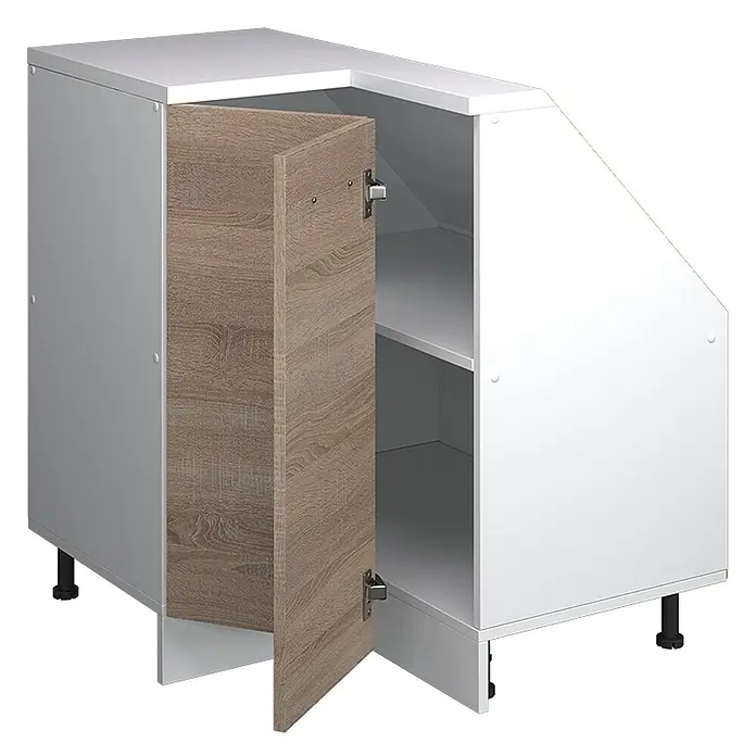 Vicco Schrankküche R-Line Sonoma mit 1 Tür - Sonoma, Eck-Dachschrägenschrank 76 cm - Weißer Küchen-Eckunterschrank mit offener holzfarbener Tür und offenem Regalteil, auf verstellbaren Füßen.