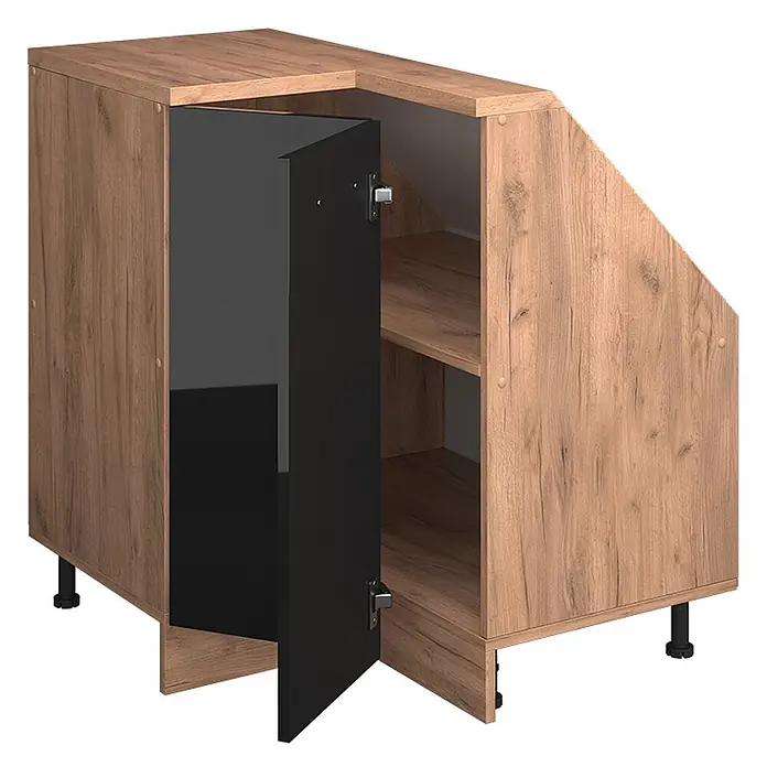 Vicco Küchenleerblock R-Line Schwarz Hochglanz mit 1 Tür - Breite: 75,6 cm, Schwarz Hochglanz - Eckunterschrank in Holzoptik mit glänzend schwarzer Tür und Einlegeböden, auf verstellbaren Füßen.