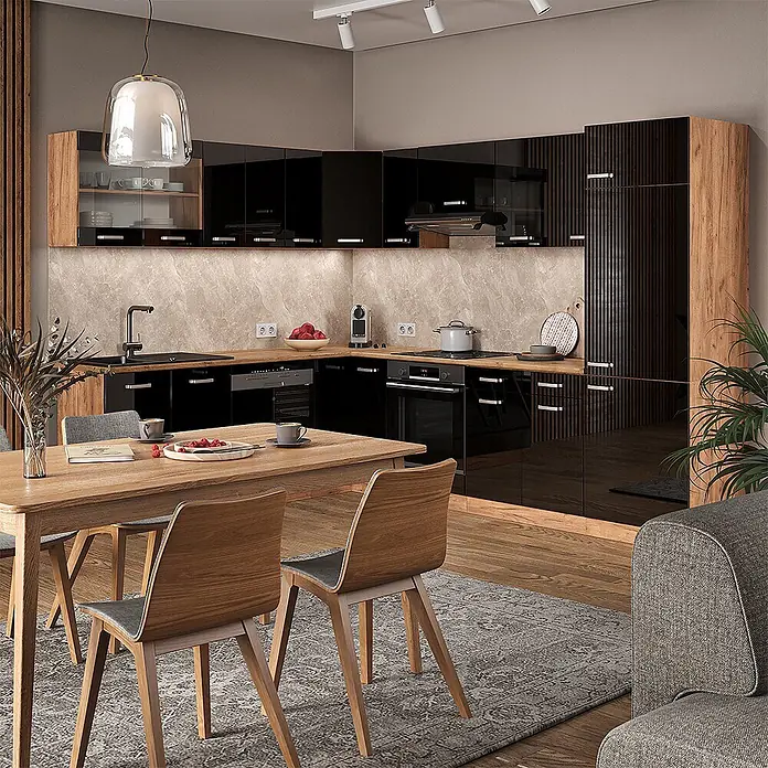 Vicco Eckküche R-Line Schwarz Hochglanz/Goldkraft Eiche, AP Eiche - B x T: 287 x 60 cm, Schwarz Hochglanz, Ohne Elektrogeräte - Moderne Küche mit schwarz glänzenden Schränken, Holzdetails und einer Marmor-Optik-Rückwand.