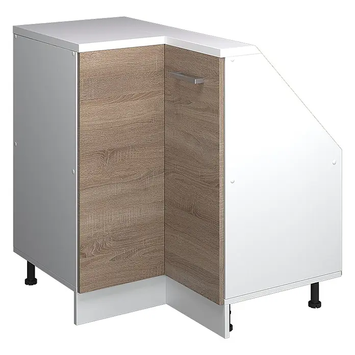 Vicco Schrankküche R-Line Sonoma mit 1 Tür - Sonoma, Eck-Dachschrägenschrank 76 cm - Weißer Eckunterschrank mit hellen Holzmaserungstüren, weißer Arbeitsplatte und schräger Seitenwand.