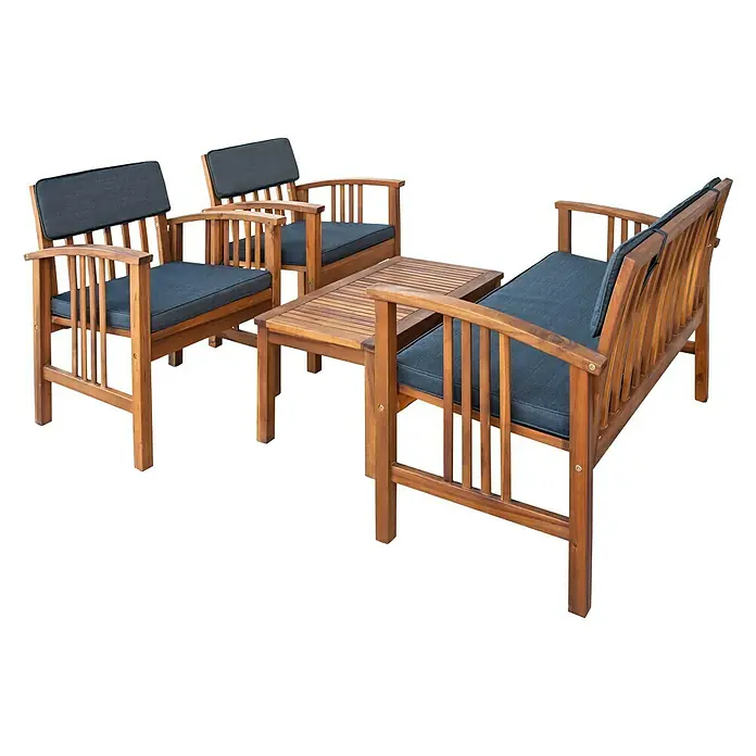 Sunfun Loungemöbel-Set Diana - 4 -tlg., Akazie, Naturbraun/Grau - Elegante Gartenmöbel aus Holz mit bequemen Kissen. Das Set umfasst zwei Stühle, eine Bank und einen Tisch für entspannte Stunden im Freien.