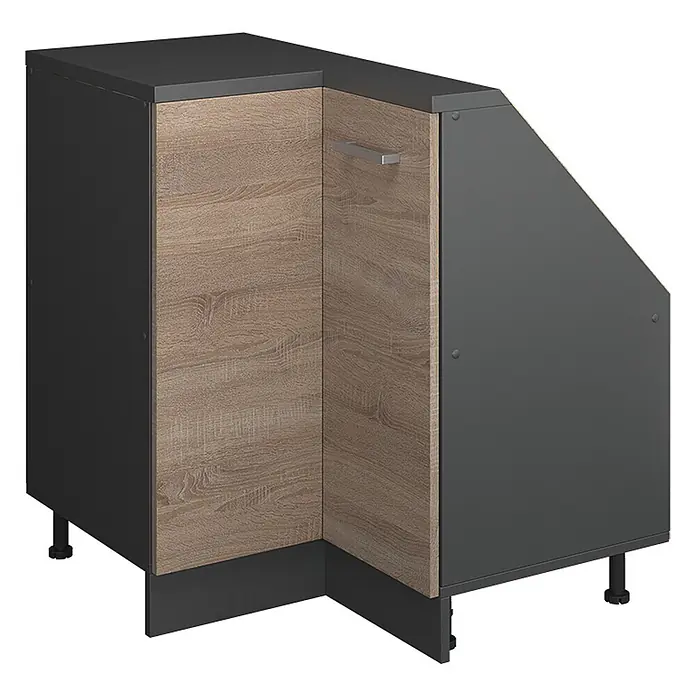 Vicco Schrankküche R-Line Sonoma mit 1 Tür - Sonoma, Eck-Dachschrägenschrank 76 cm - Dunkelgrauer Eckunterschrank mit hellen Holzeffekt-Türen und Griff, auf verstellbaren Füßen.