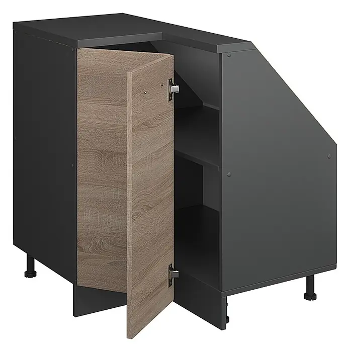 Vicco Schrankküche R-Line Sonoma mit 1 Tür - Sonoma, Eck-Dachschrägenschrank 76 cm - Dunkelgrauer Schrank mit offener, heller Holzmaserungstür und abgewinkeltem rechten Teil mit Regalen, auf verstellbaren Füßen.