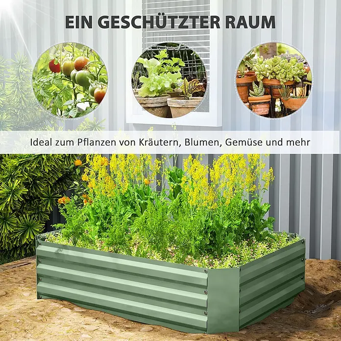 Outsunny Hochbeet - Stahl, Dunkelgrün - Grünes Hochbeet aus Wellblech, bepflanzt mit verschiedenen Pflanzen in einem Garten.