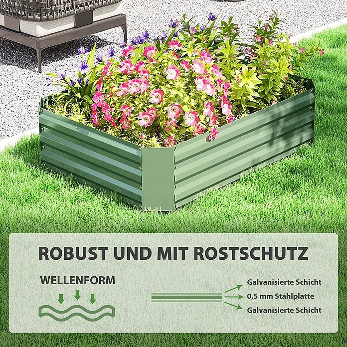 Outsunny Hochbeet - Stahl, Dunkelgrün - Grünes Hochbeet aus gewelltem Metall, mit Blumen bepflanzt auf einem Rasen. Rostschutz durch verzinkten Stahl.