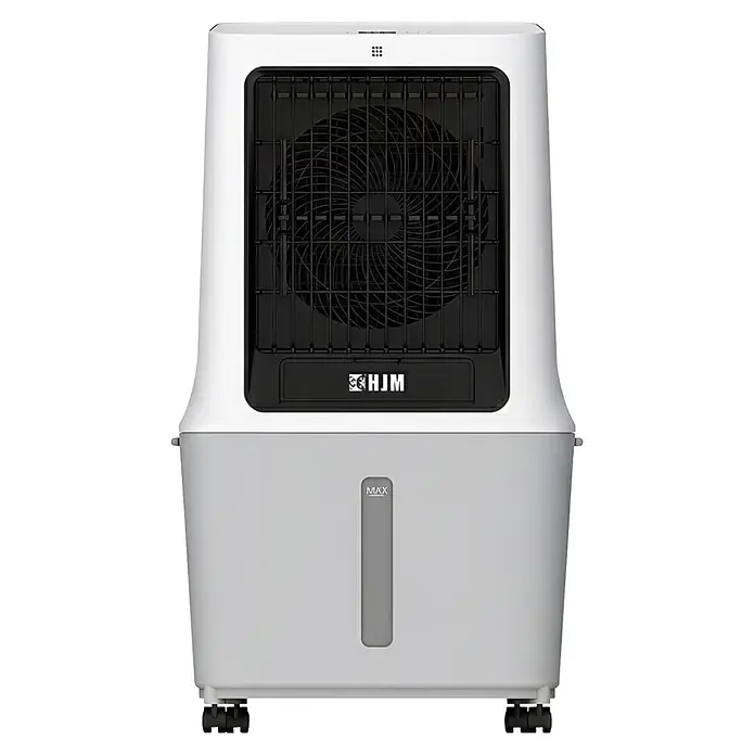 HJM Climatizador evaporativo CLIM512 - 120 W, Altura: 87 cm, Blanco, 30 litros - Enfriador de aire evaporativo blanco y gris con rejilla de ventilador negra, indicador de nivel de agua y ruedas.