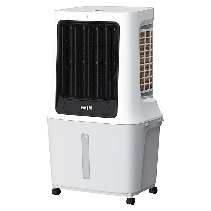 HJM Climatizador evaporativo CLIM512 - 120 W, Altura: 87 cm, Blanco, 30 litros - Enfriador de aire evaporativo blanco portátil con rejilla frontal negra, almohadillas de enfriamiento laterales, depósito de agua y ruedas.