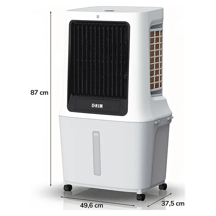 HJM Climatizador evaporativo CLIM512 - 120 W, Altura: 87 cm, Blanco, 30 litros - Enfriador de aire blanco con rejilla frontal negra, orificios laterales de panal, indicador de nivel de agua y ruedas. Dimensiones: 87x49,6x37,5 cm.