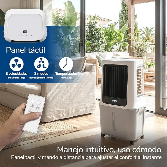 HJM Climatizador evaporativo CLIM512 - 120 W, Altura: 87 cm, Blanco, 30 litros - Climatizador evaporativo blanco con panel táctil y mando a distancia, en un salón moderno.