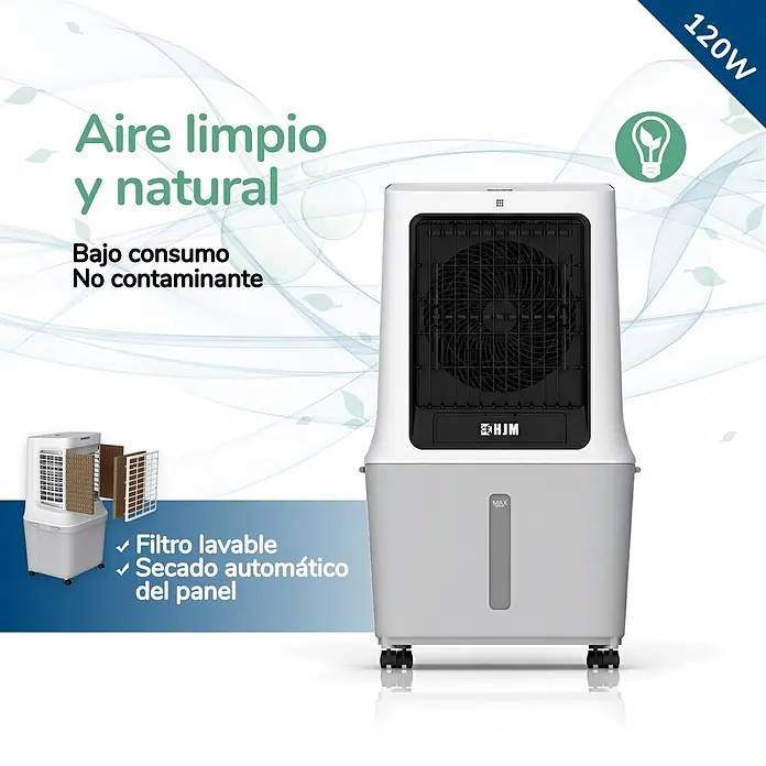 HJM Climatizador evaporativo CLIM512 - 120 W, Altura: 87 cm, Blanco, 30 litros - Enfriador de aire evaporativo blanco y gris con ruedas, rejillas negras y filtro lavable.