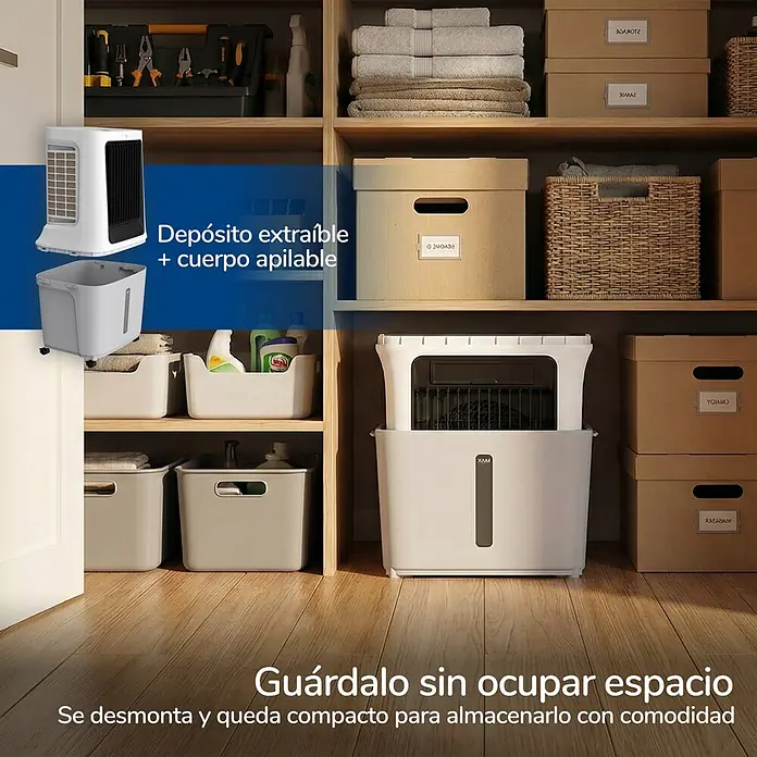 HJM Climatizador evaporativo CLIM512 - 120 W, Altura: 87 cm, Blanco, 30 litros - Enfriador de aire portátil blanco con depósito extraíble con ruedas, desmontado y encajado para almacenamiento compacto.