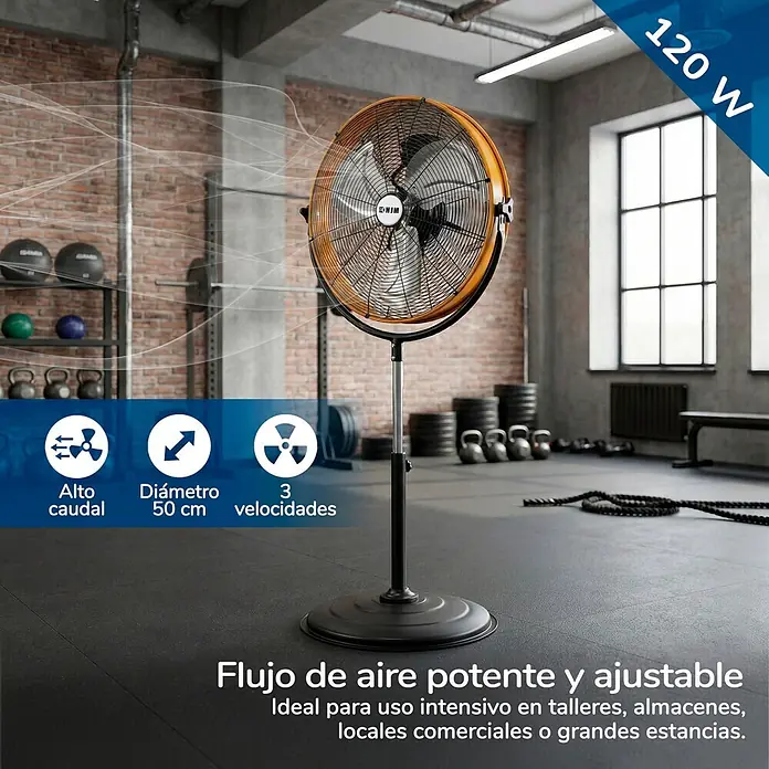 HJM Ventilador de pie FES222 - 120 W, Altura: 150 cm, Diámetro: 62 cm, Negro/Naranja - Ventilador de pie industrial, soporte negro, cabezal oro-bronze, 120W, 50cm diámetro, 3 velocidades, alto caudal.