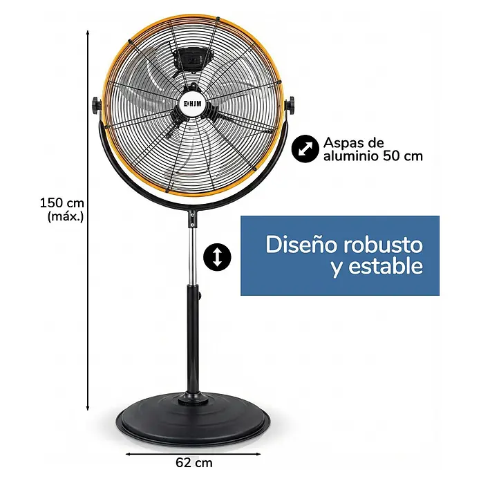 HJM Ventilador de pie FES222 - 120 W, Altura: 150 cm, Diámetro: 62 cm, Negro/Naranja - Ventilador de pie negro y naranja con aspas de aluminio de 50 cm, regulable hasta 150 cm, sobre base estable de 62 cm.