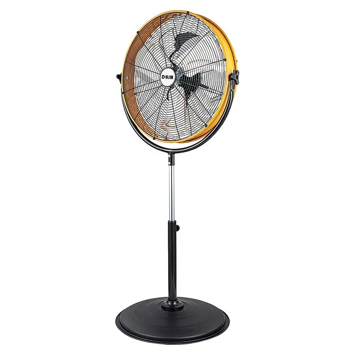 HJM Ventilador de pie FES222 - 120 W, Altura: 150 cm, Diámetro: 62 cm, Negro/Naranja - Ventilador de pie amarillo y negro con mástil ajustable plateado y base redonda.