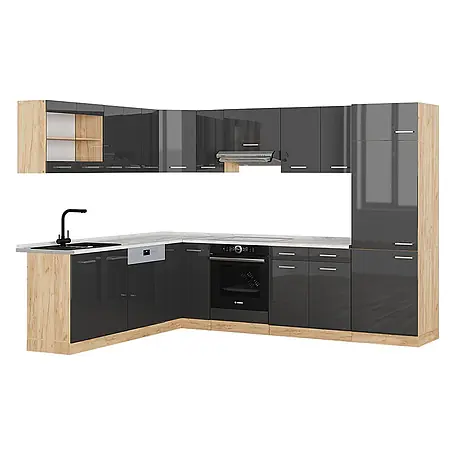 Vicco  Eckküche R-Line Anthrazit Hochglanz/Goldkraft Eiche, AP Marmor
