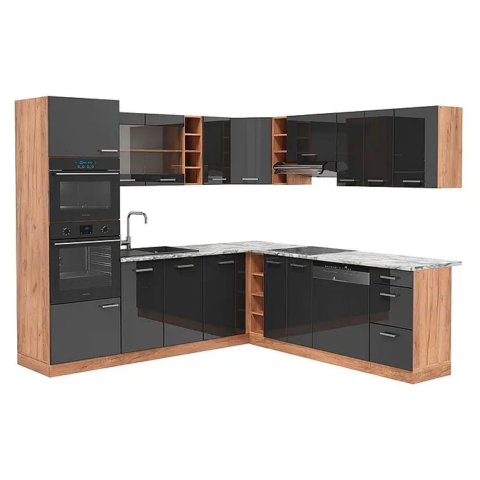 Vicco Eckküche R-Line Anthrazit Hochglanz/Goldkraft Eiche, AP Marmor - B x T: 247 x 60 cm, Anthrazit Hochglanz, Ohne Elektrogeräte - L-förmige Küche mit dunkelgrauen Hochglanzschränken, Holzdetails, weißer Marmoroptik-Arbeitsplatte und integrierten Geräten.