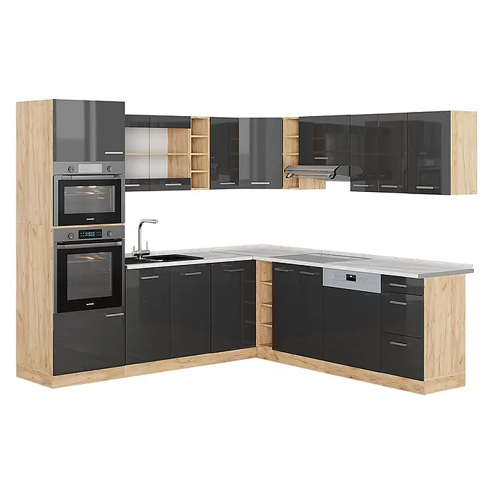 Vicco Eckküche R-Line Anthrazit Hochglanz/Goldkraft Eiche, AP Marmor - B x T: 247 x 60 cm, Anthrazit Hochglanz, Ohne Elektrogeräte - Moderne L-förmige Küche mit dunkelgrauen Hochglanzschränken und hellen Holzakzenten, inklusive integrierter Öfen, Spüle, Kochfeld und Geschirrspüler.