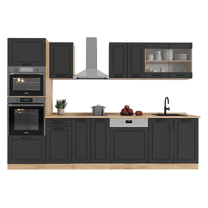 Vicco Küchenzeile R-Line Anthrazit Landhaus/Goldkraft Eiche mit Hochschrank, AP Eiche - Breite: 300 cm, Anthrazit Landhaus, Ohne Elektrogeräte - Dunkelgraue modulare Küche mit Holzdetails, integrierten Öfen, Kochfeld, Spüle, Geschirrspüler und Dunstabzugshaube.