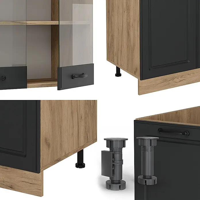 Vicco Küchenzeile R-Line Anthrazit Landhaus/Goldkraft Eiche mit Hochschrank, AP Eiche - Breite: 300 cm, Anthrazit Landhaus, Ohne Elektrogeräte - Details modularer Küchenschränke: helle Holzmaserung, schwarze Türen und Griffe, Glaselemente, höhenverstellbare Füße.