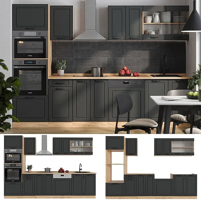 Vicco Küchenzeile R-Line Anthrazit Landhaus/Goldkraft Eiche mit Hochschrank, AP Eiche - Breite: 300 cm, Anthrazit Landhaus, Ohne Elektrogeräte - Dunkelgraue modulare Küche mit Holzarbeitsplatten, Einbaugeräten und modernem Design.