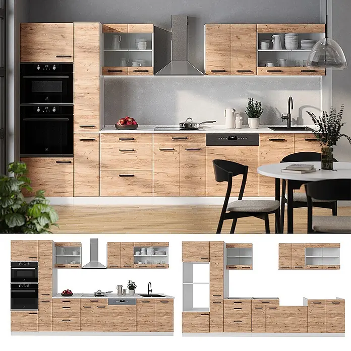 Vicco Küchenzeile R-Line Goldkraft Eiche/Weiß AP Eiche - Goldkraft Eiche, Ohne Elektrogeräte - Modulare Küchenmöbel in heller Holzoptik mit weißen Arbeitsplatten und schwarzen Griffen, für Kochen und Aufbewahrung konfiguriert.