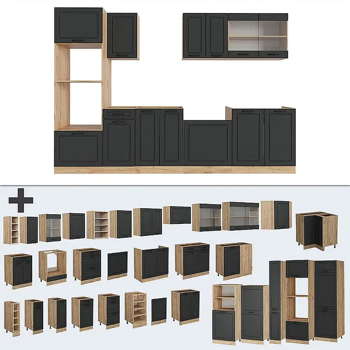 Vicco Küchenzeile R-Line Anthrazit Landhaus/Goldkraft Eiche mit Hochschrank, AP Eiche - Breite: 300 cm, Anthrazit Landhaus, Ohne Elektrogeräte - Modulares Küchenschrank-Set in Dunkelgrau mit hellen Holzakzenten, zeigt verschiedene Einheiten für individuelle Gestaltung.